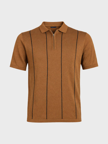 Men's Brown Slim Fit Striped Flat Knit Polo Collar T-Shirt