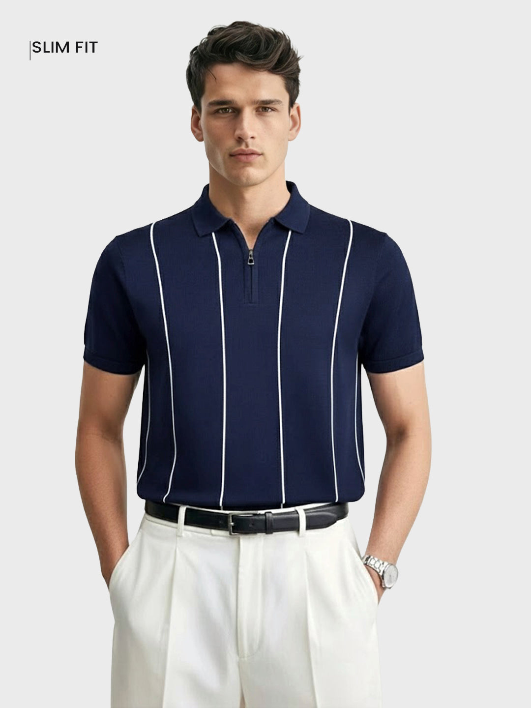 Men's Navy Blue Slim Fit Striped Flat Knit Polo Collar T-Shirt