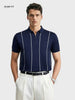 Men's Navy Blue Slim Fit Striped Flat Knit Polo T-Shirt