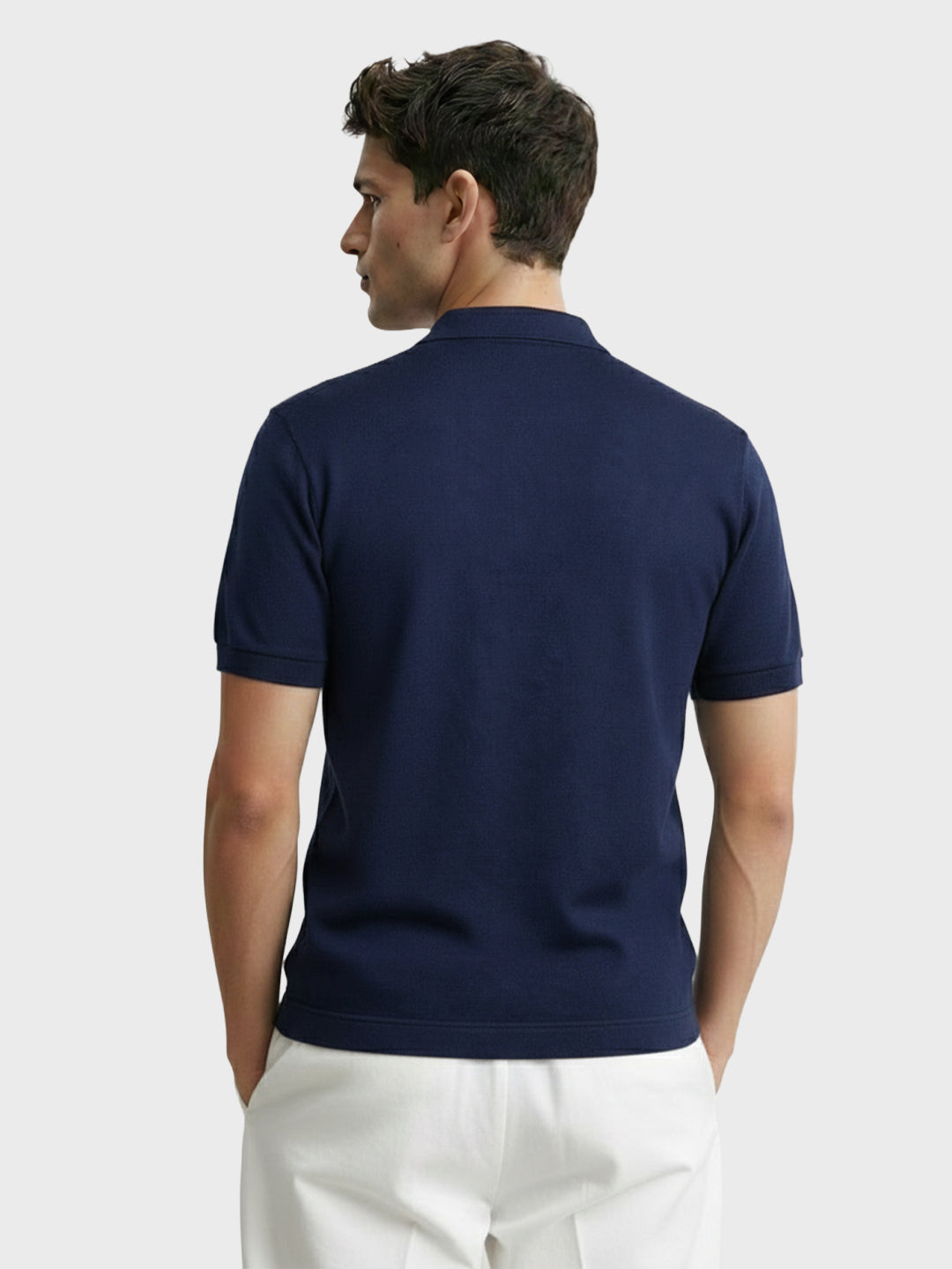 Men's Navy Blue Slim Fit Striped Flat Knit Polo Collar T-Shirt