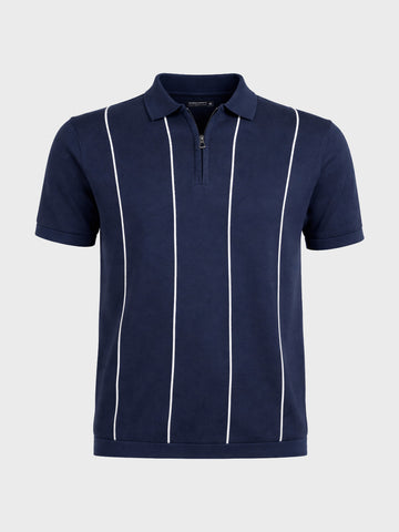 Men's Navy Blue Slim Fit Striped Flat Knit Polo T-Shirt