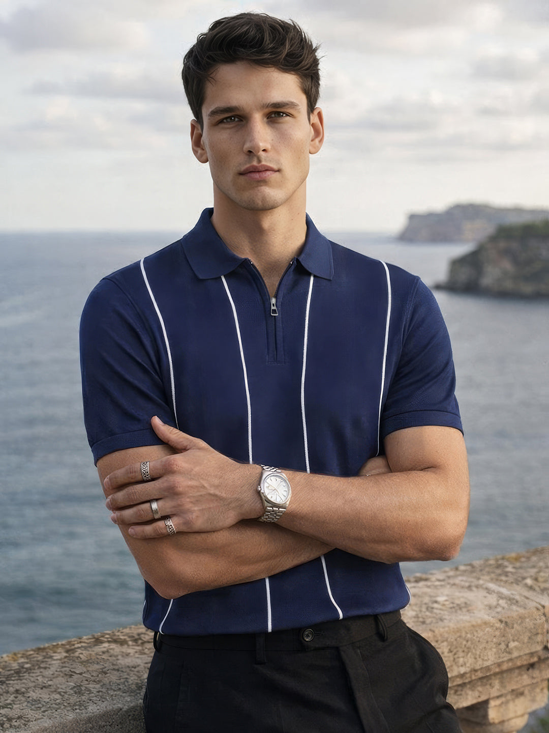 Men's Navy Blue Slim Fit Striped Flat Knit Polo Collar T-Shirt