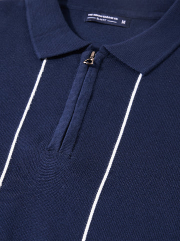 Men's Navy Blue Slim Fit Striped Flat Knit Polo T-Shirt