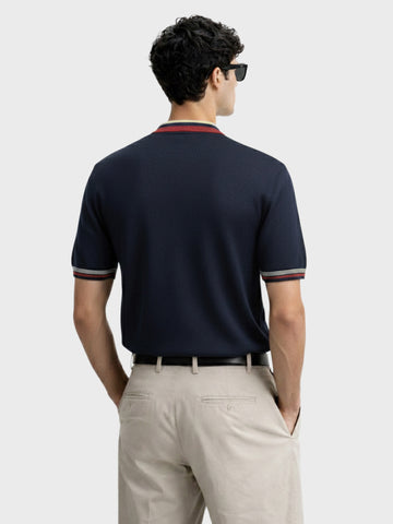 Men's Navy Blue Slim Fit Solid Flat Knit Polo T-Shirt