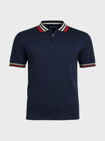 Men's Navy Blue Slim Fit Solid Flat Knit Polo T-Shirt