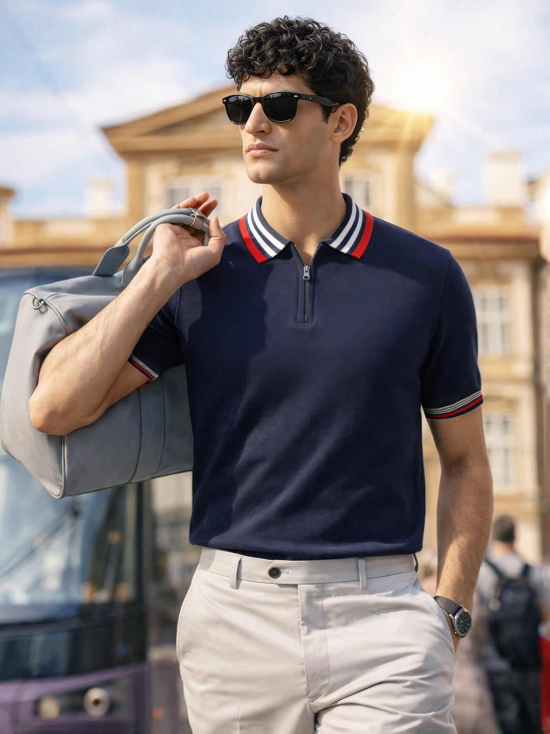 Men's Blue Slim Fit Solid Flat Knit Polo Collar T-Shirt