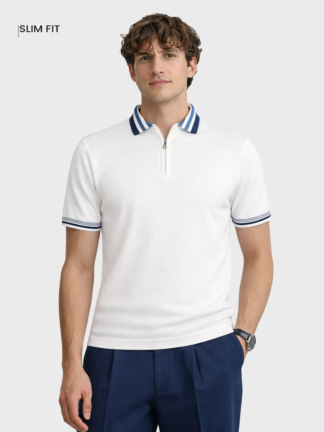 Men's Cream Slim Fit Solid Flat Knit Polo Collar T-Shirt