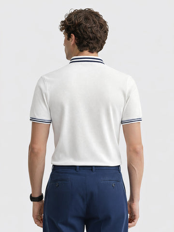 Men's Cream Slim Fit Solid Flat Knit Polo Collar T-Shirt