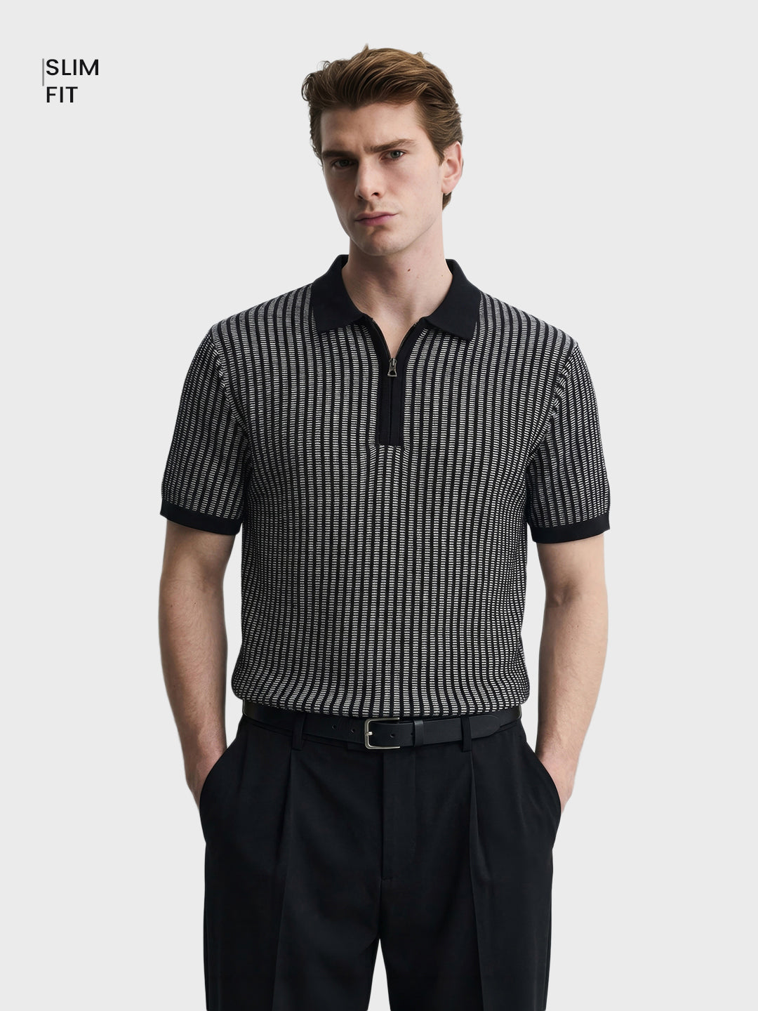 Men's Black Slim Fit Striped Casual T-Shirt