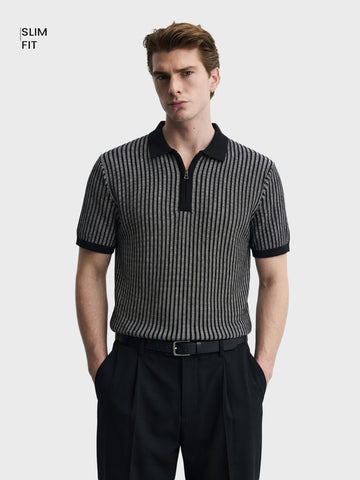 Men's Black Slim Fit Striped Casual T-Shirt