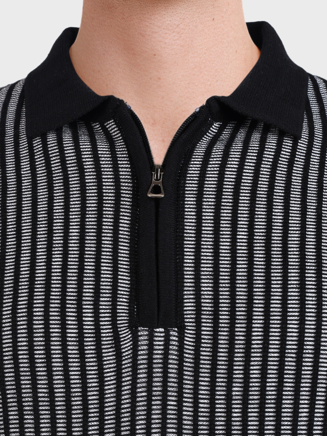 Men's Black Slim Fit Striped Casual T-Shirt