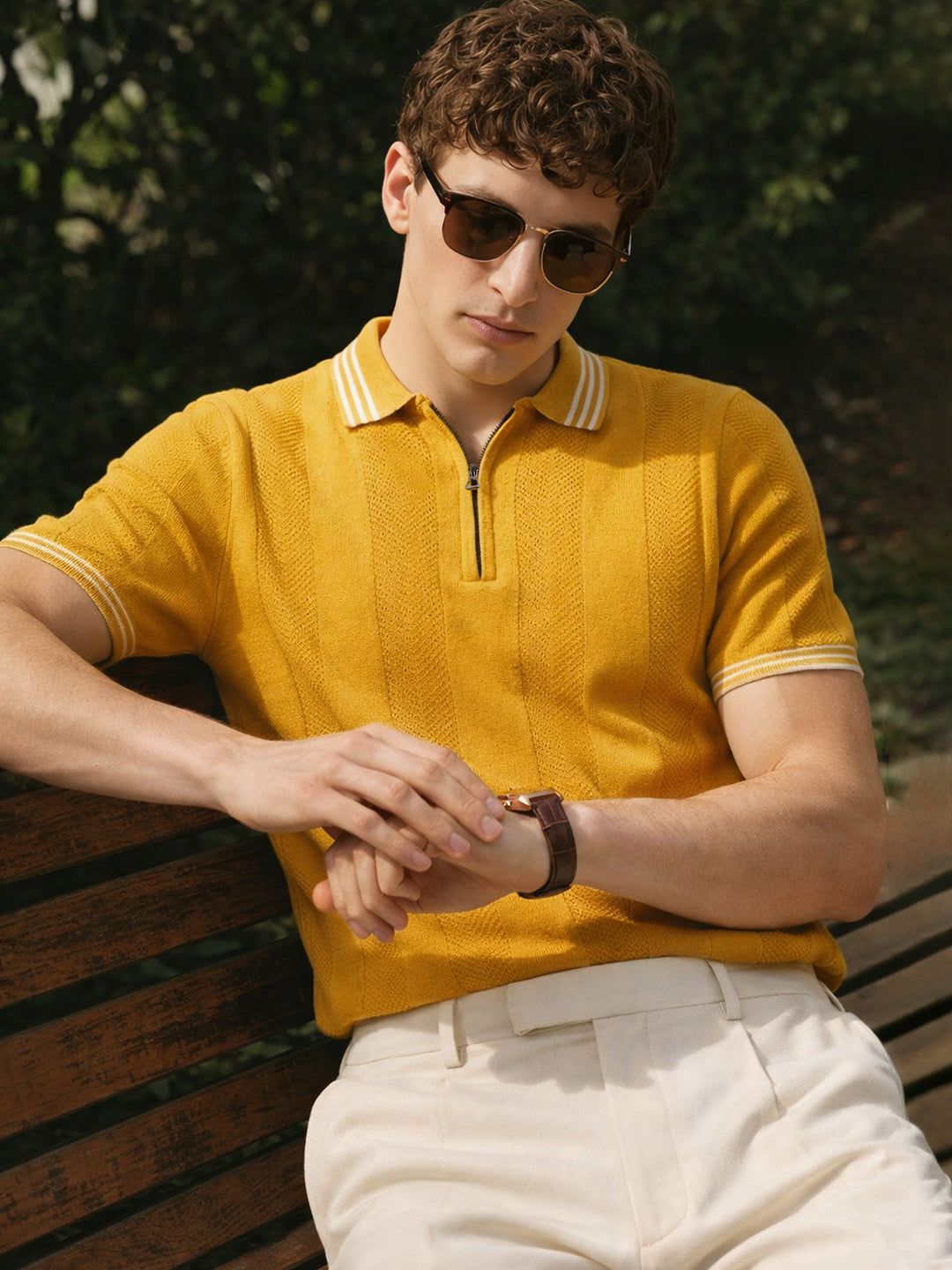 Men's Yellow Slim Fit Solid Casual T-Shirt