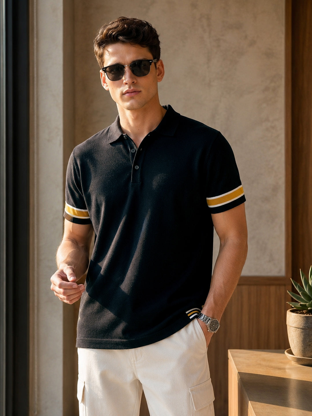 Men's Black Slim Fit Solid Casual Polo T-Shirt