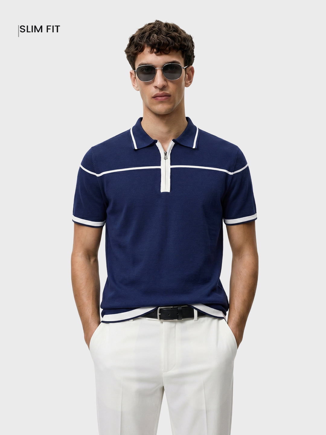 Men's Navy Blue Slim Fit Solid Flat Knit Polo T-Shirt