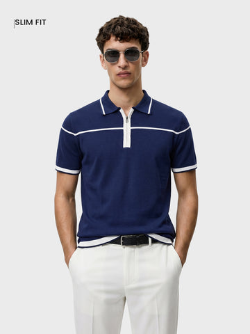 Men's Navy Blue Slim Fit Solid Flat Knit Polo T-Shirt