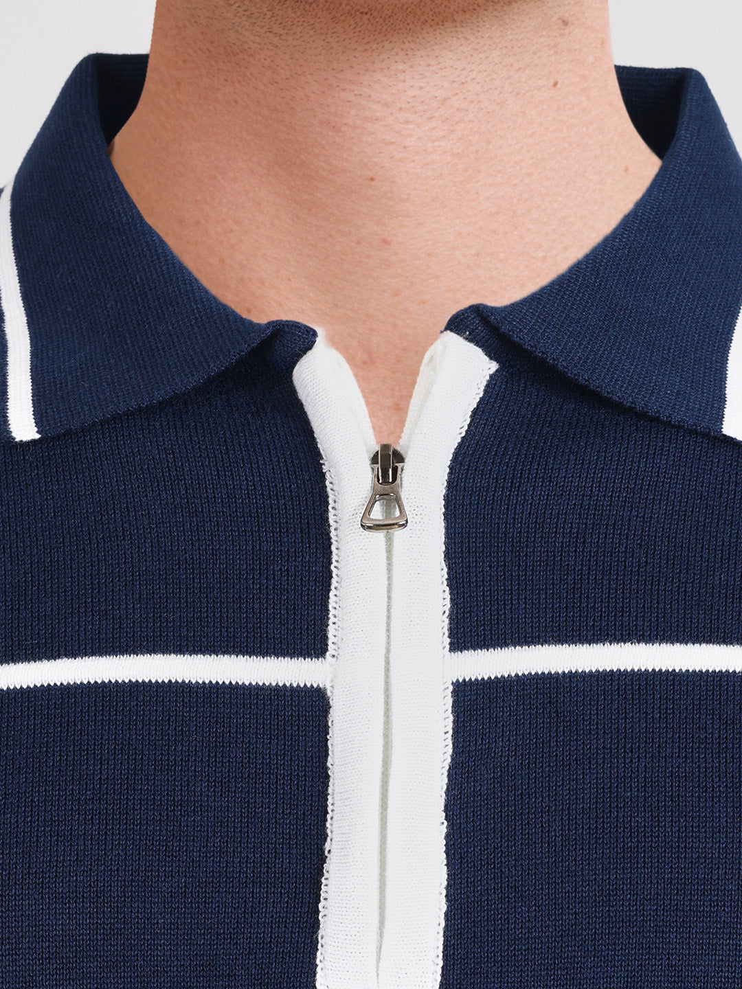 Men's Navy Blue Slim Fit Solid Flat Knit Polo T-Shirt