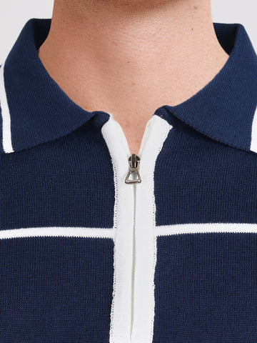 Men's Navy Blue Slim Fit Solid Flat Knit Polo T-Shirt