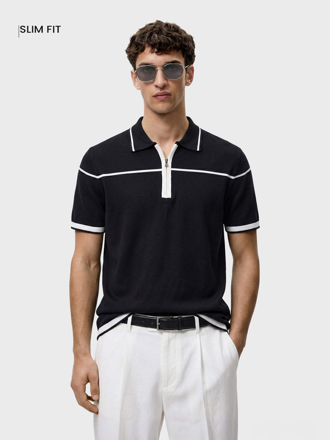 Men's Black Slim Fit Solid Flat Knit Polo T-Shirt