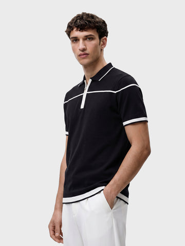 Men's Black Slim Fit Solid Flat Knit Polo T-Shirt