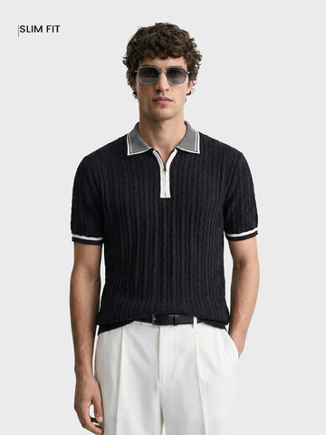 Men's Black Slim Fit Solid Flat Knit Polos T-Shirts