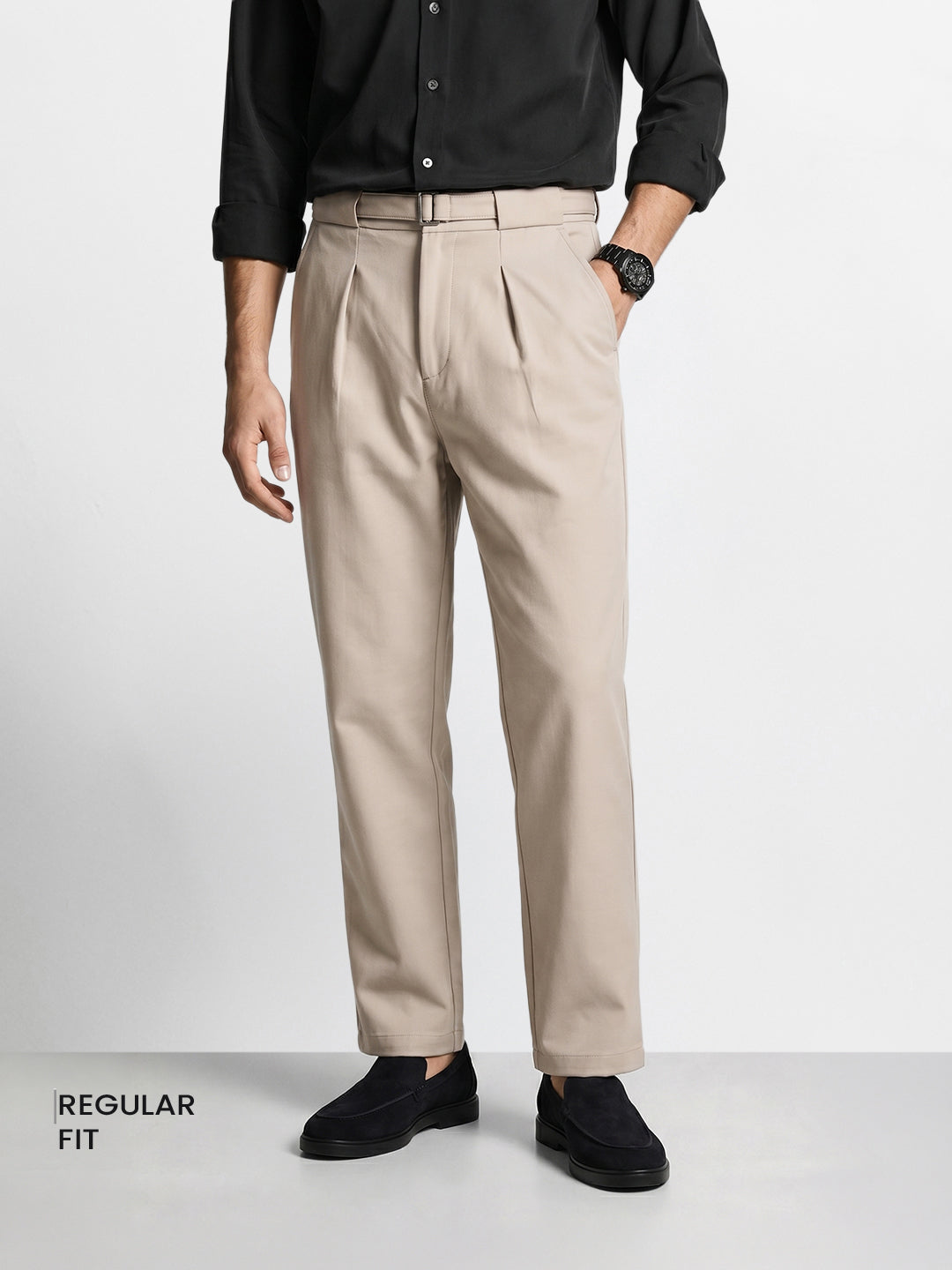 Men's Khaki Regular Fit Solid Casual Trousers
