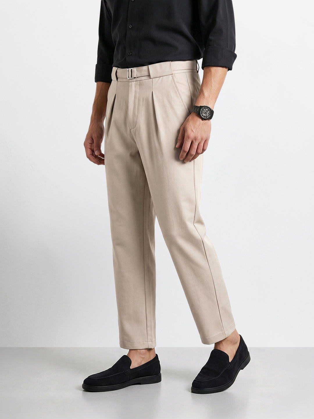 Men's Khaki Regular Fit Solid Casual Trousers