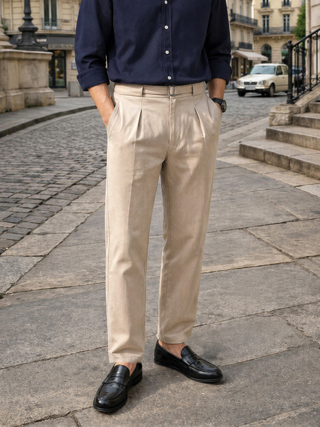 Men's Khaki Regular Fit Solid Casual Trousers