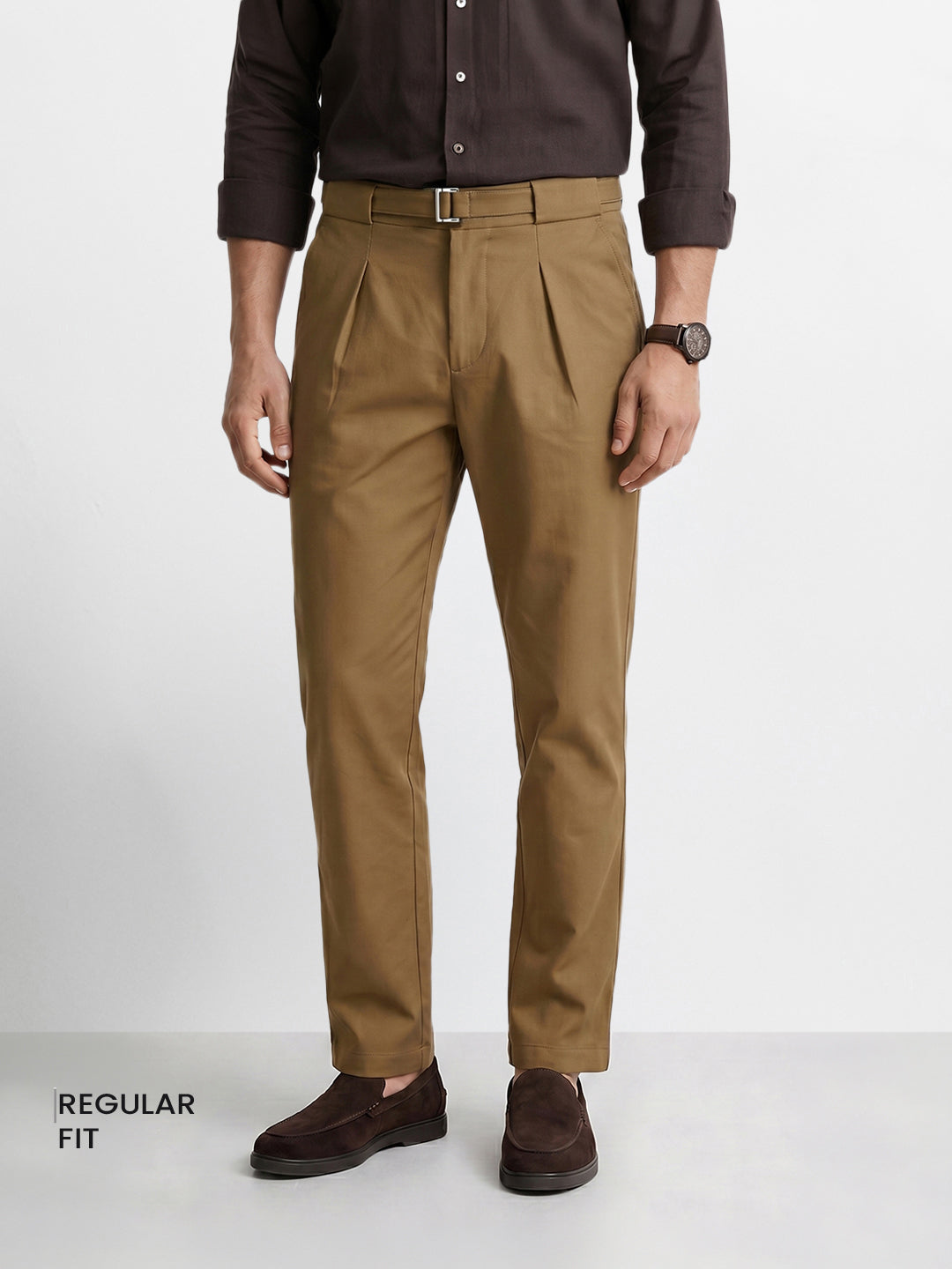 Men's Brown Regular Fit Solid Casual Trousers