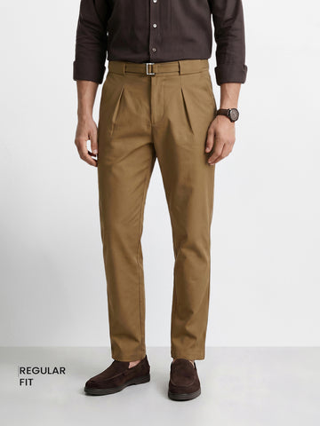 Men's Brown Regular Fit Solid Casual Trousers