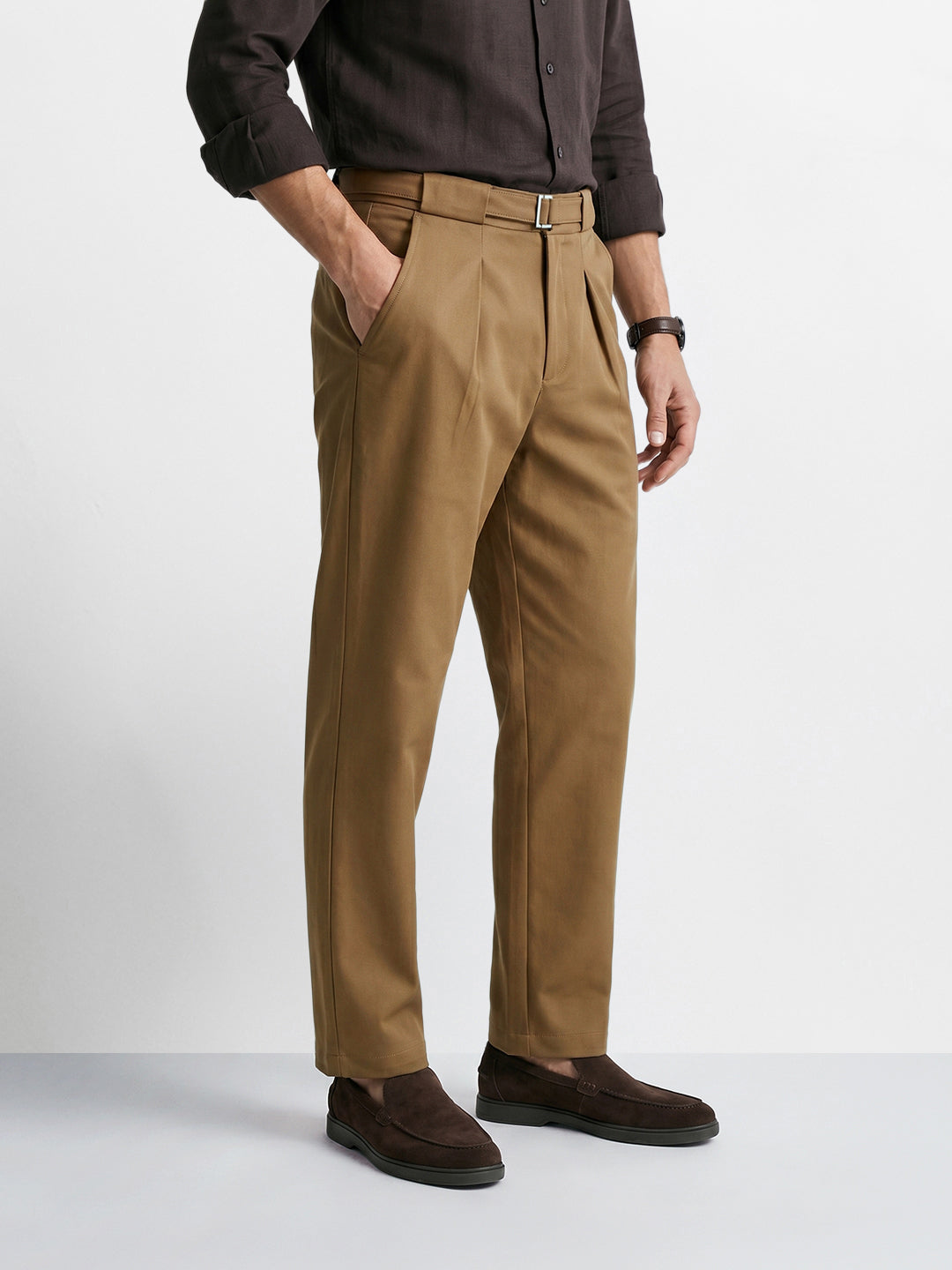 Men's Brown Regular Fit Solid Casual Trousers