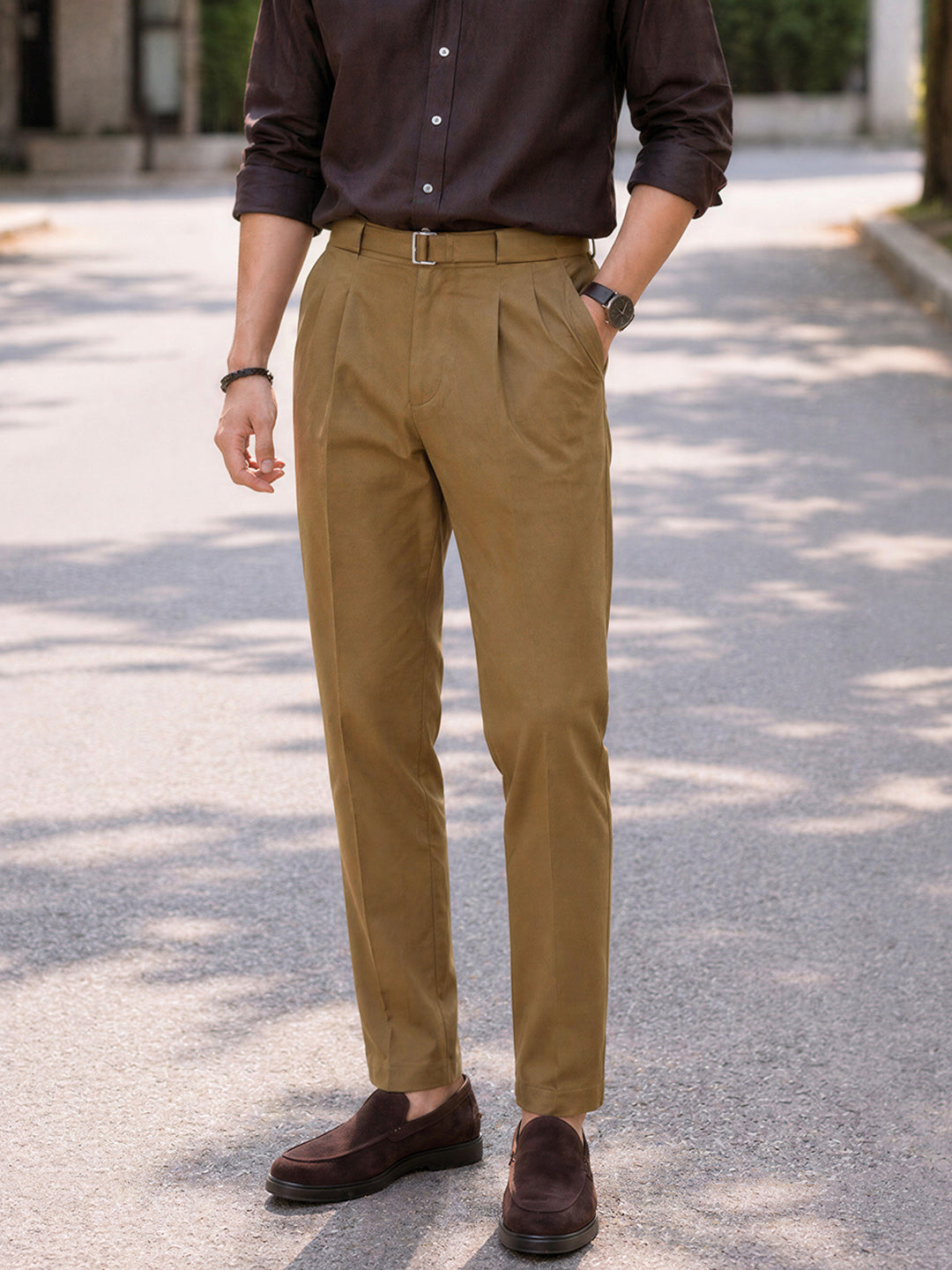 Men's Brown Regular Fit Solid Casual Trousers