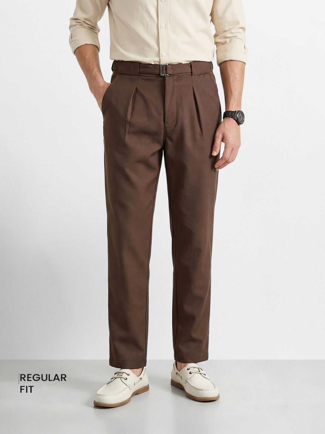 Men's Brown Regular Fit Solid Casual Trousers
