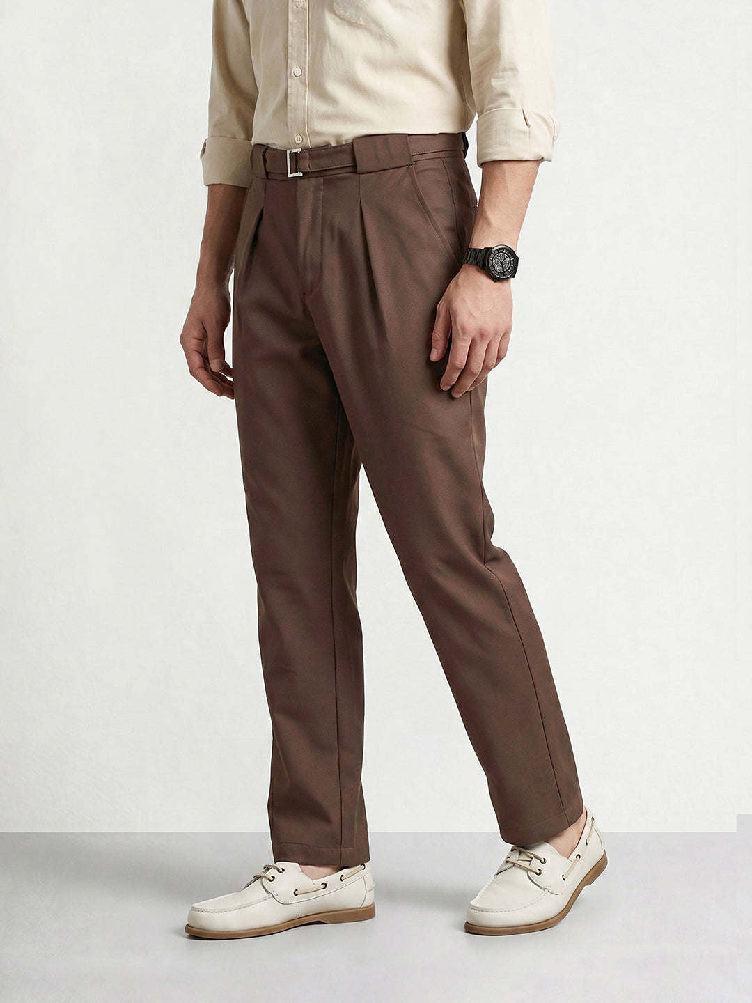 Men's Brown Regular Fit Solid Casual Trousers