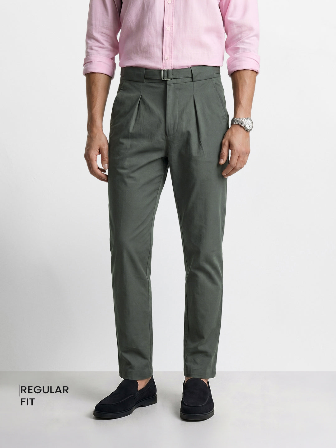 Men's Green Regular Fit Solid Casual Trousers