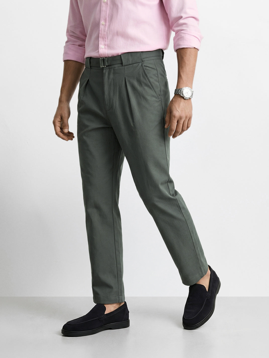 Men's Green Regular Fit Solid Casual Trousers