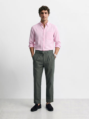 Men's Green Regular Fit Solid Casual Trousers