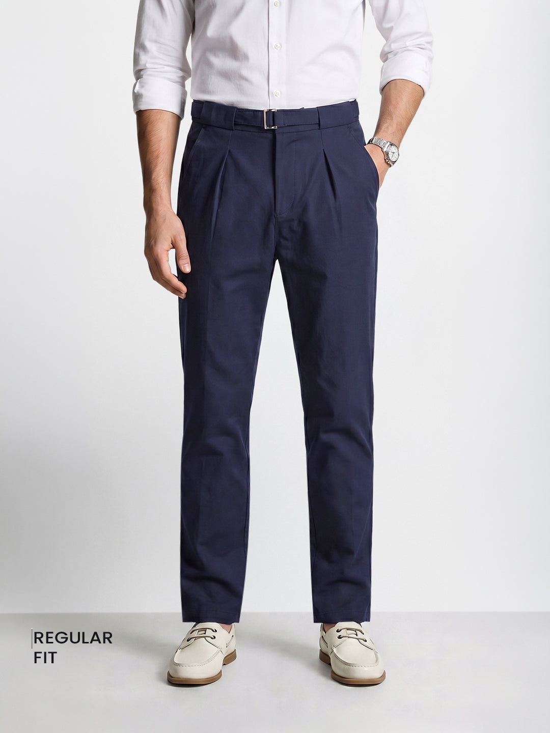 Men's Navy Blue Regular Fit Solid Casual Trousers