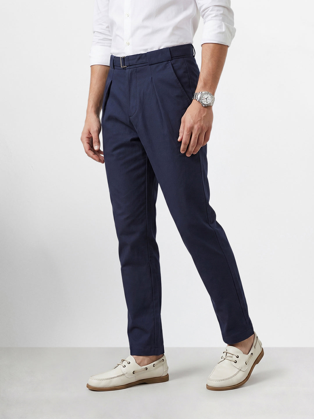 Men's Navy Blue Regular Fit Solid Casual Trousers