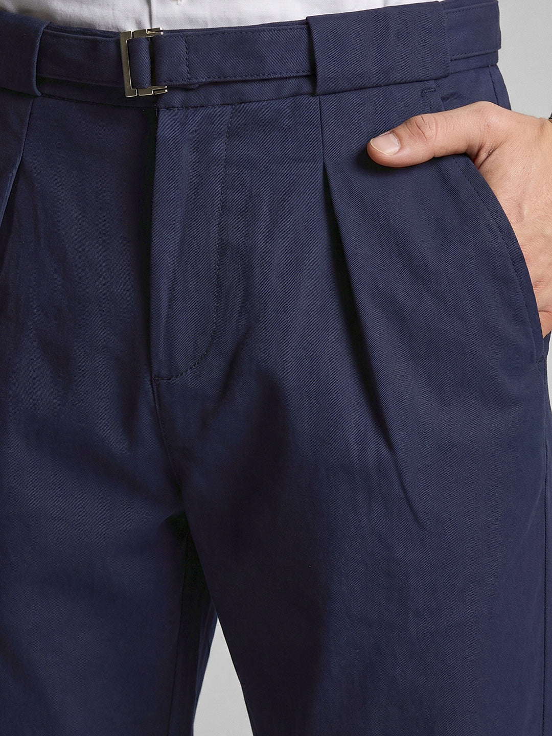 Men's Navy Blue Regular Fit Solid Casual Trousers