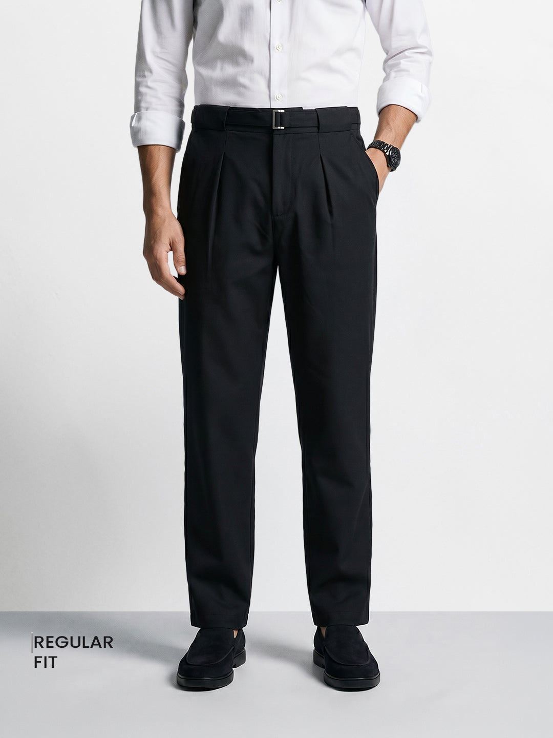 Men's Black Regular Fit Solid Casual Trousers