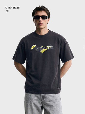 Men's Black Oversized Fit Graphic Printed Casual T-Shirt