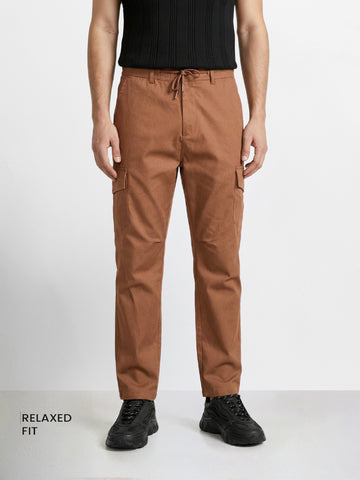 Men's Brown Relaxed Fit Solid Utility Joggers