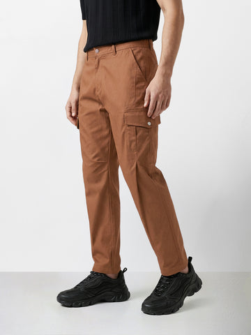 Men's Brown Relaxed Fit Solid Utility Joggers