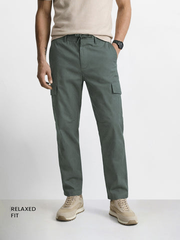 Men's Olive Relaxed Fit Solid Utility Joggers