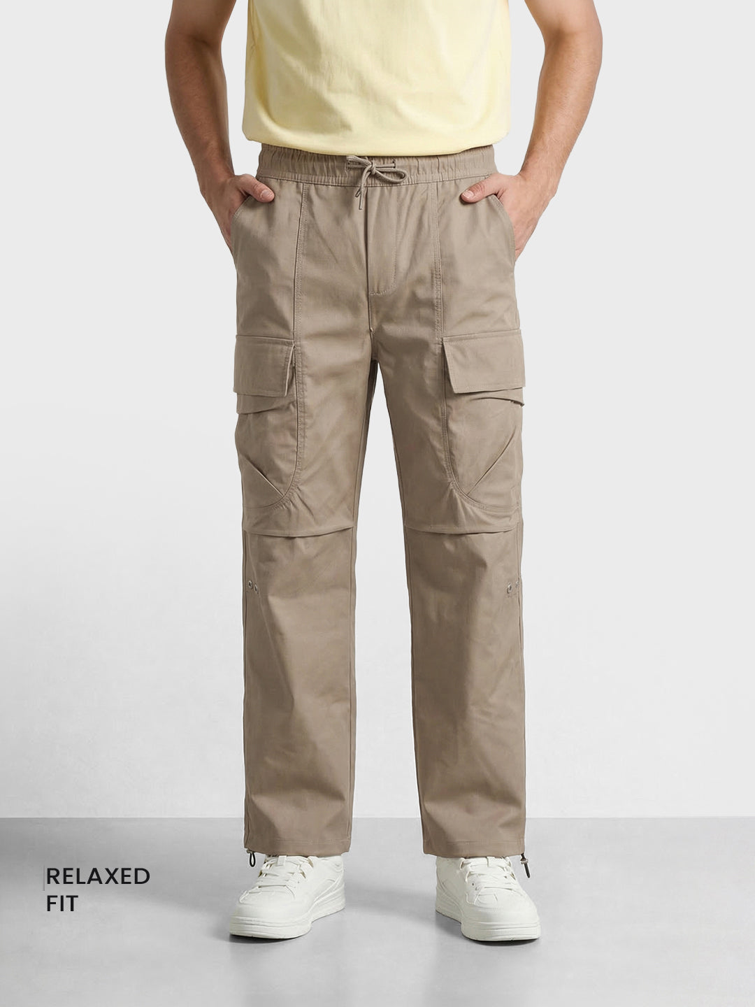 Men's Khaki Relaxed Fit Solid Utility Joggers