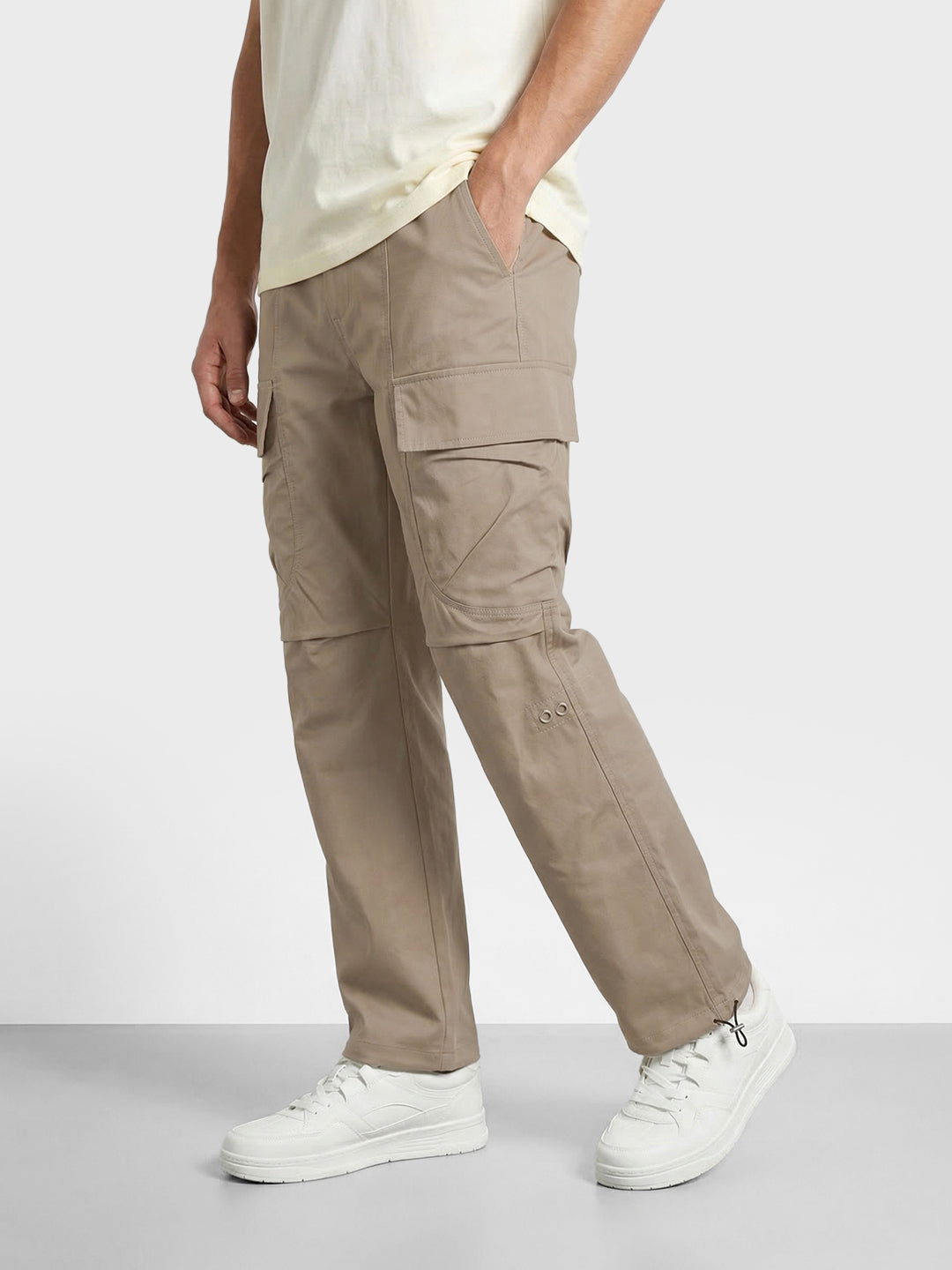 Men's Khaki Relaxed Fit Solid Utility Joggers