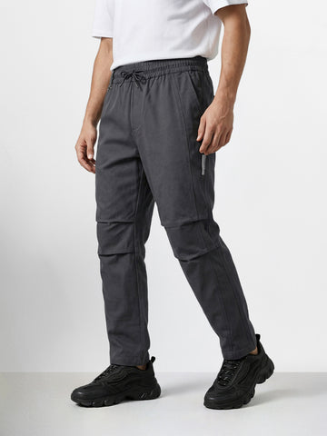 Men's Grey Relaxed Fit Solid Utility Joggers