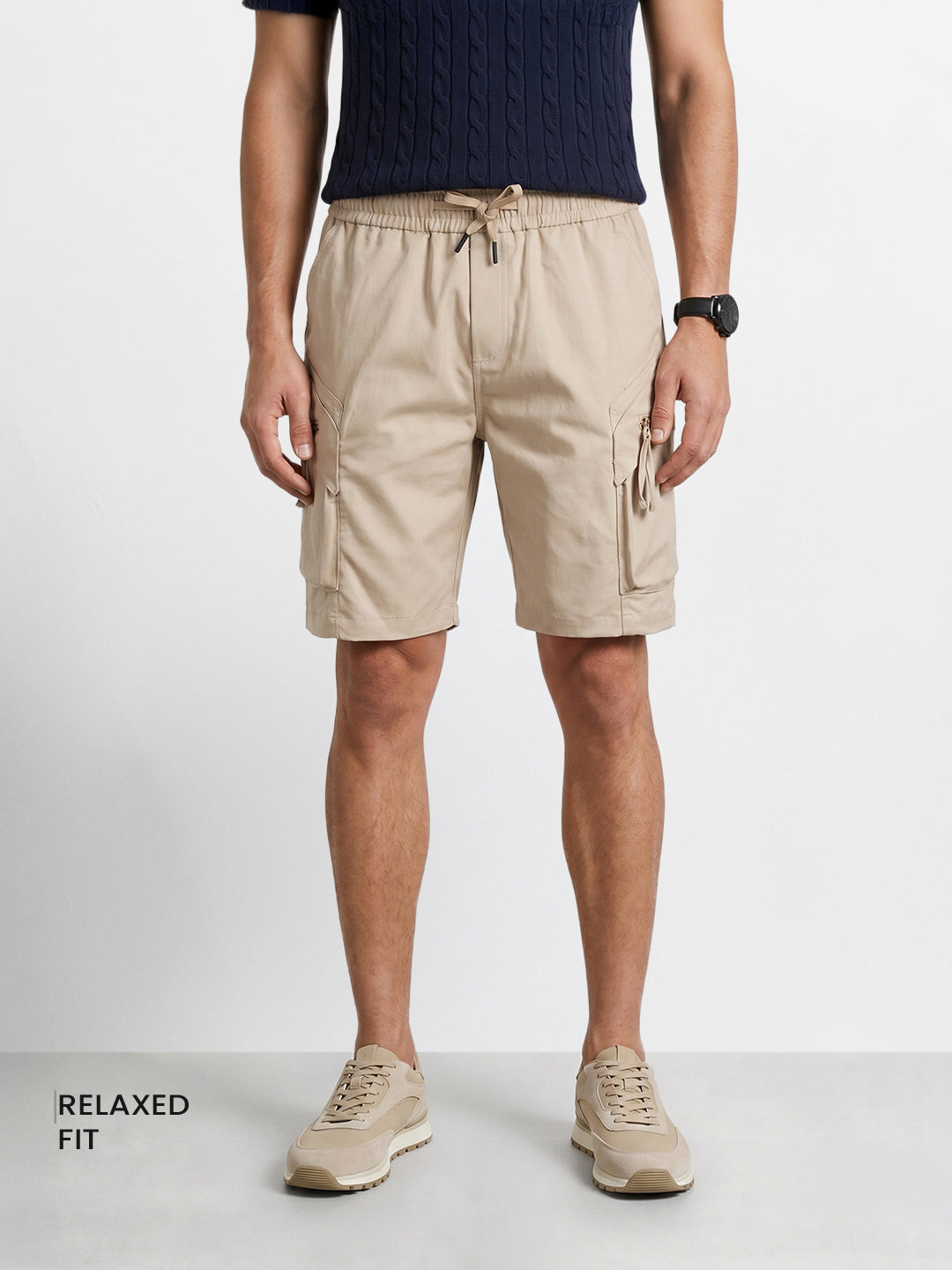 Men's Beige Relaxed Fit Solid Utility Shorts