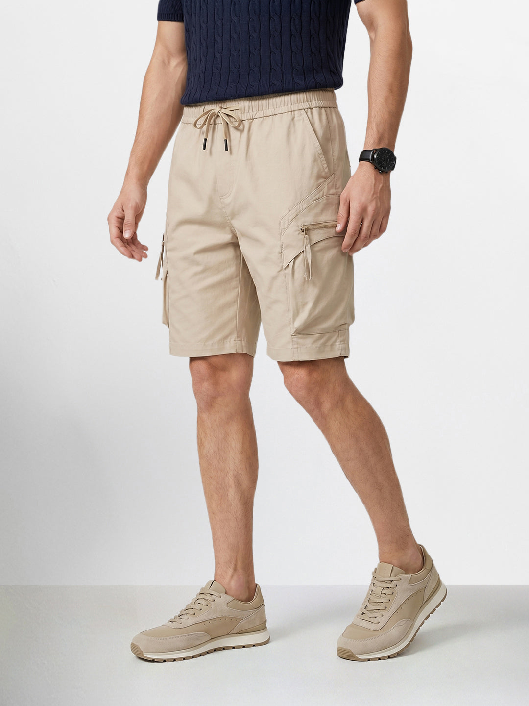 Men's Beige Relaxed Fit Solid Utility Shorts