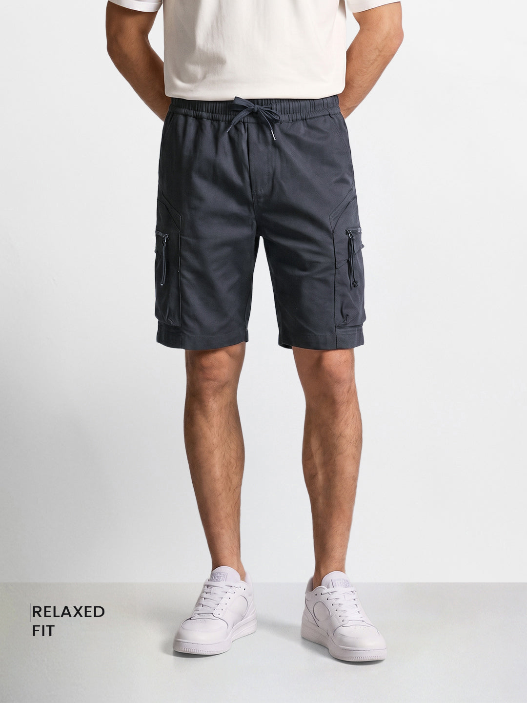 Men's Grey Relaxed Fit Solid Utility Shorts